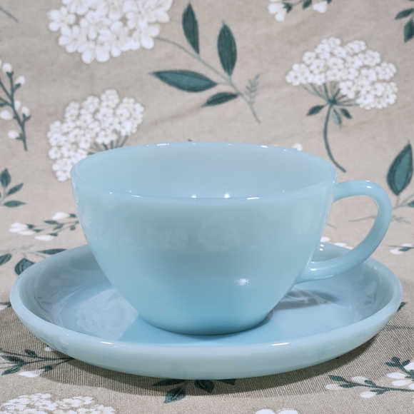Fire King Other - Fire King Blue Delphite Tea Cup and Saucer Set Vintage Anchor Hocking Turquoise